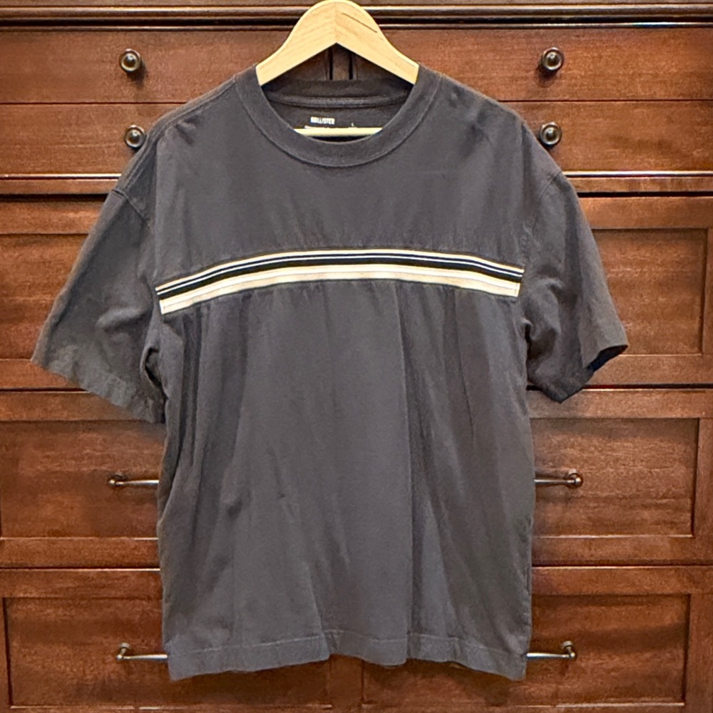 Hollister Men's Navy Stripe Heavyweight Boxy Fit Tee Shirt Size L 100% Cotton